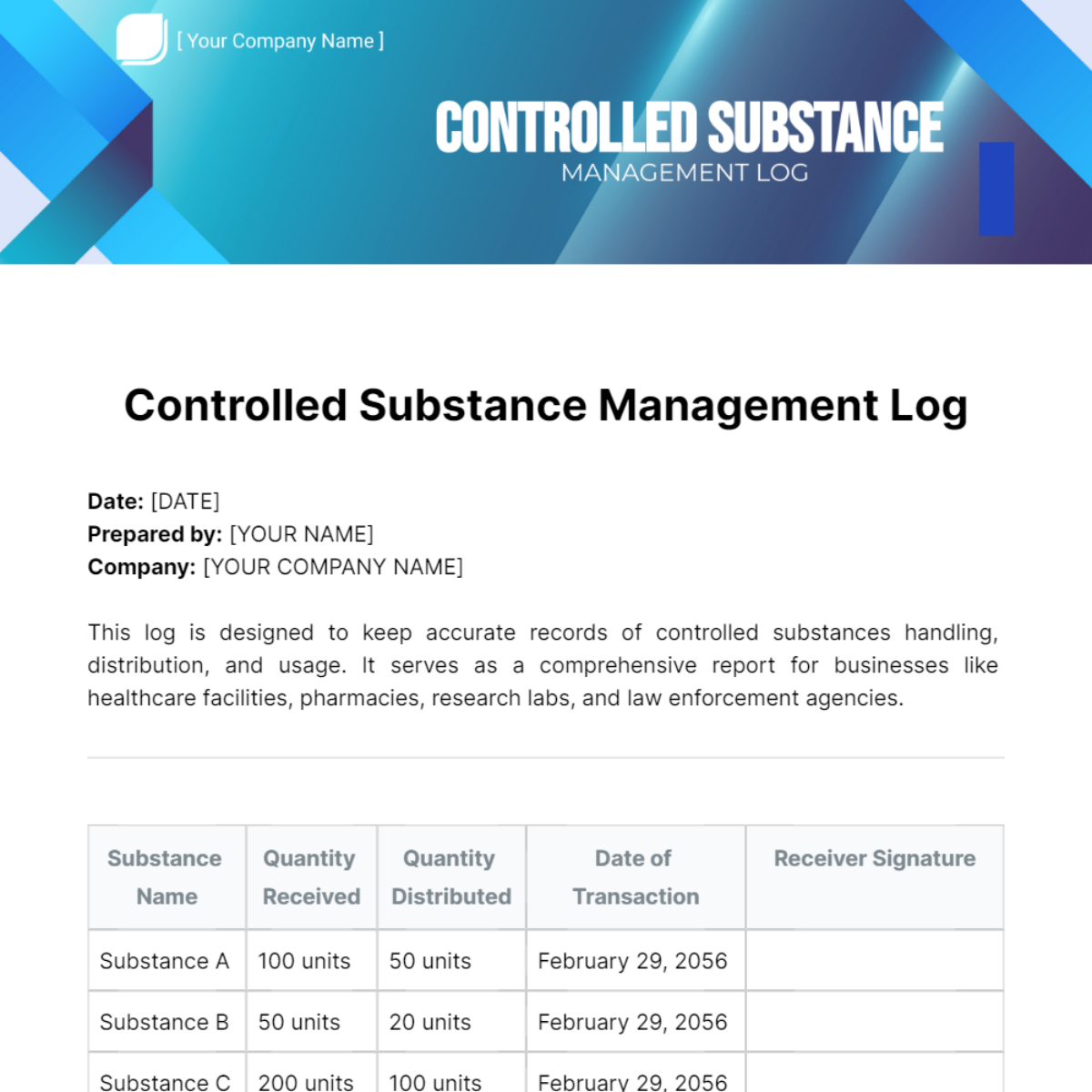 Controlled Substance Log Template
