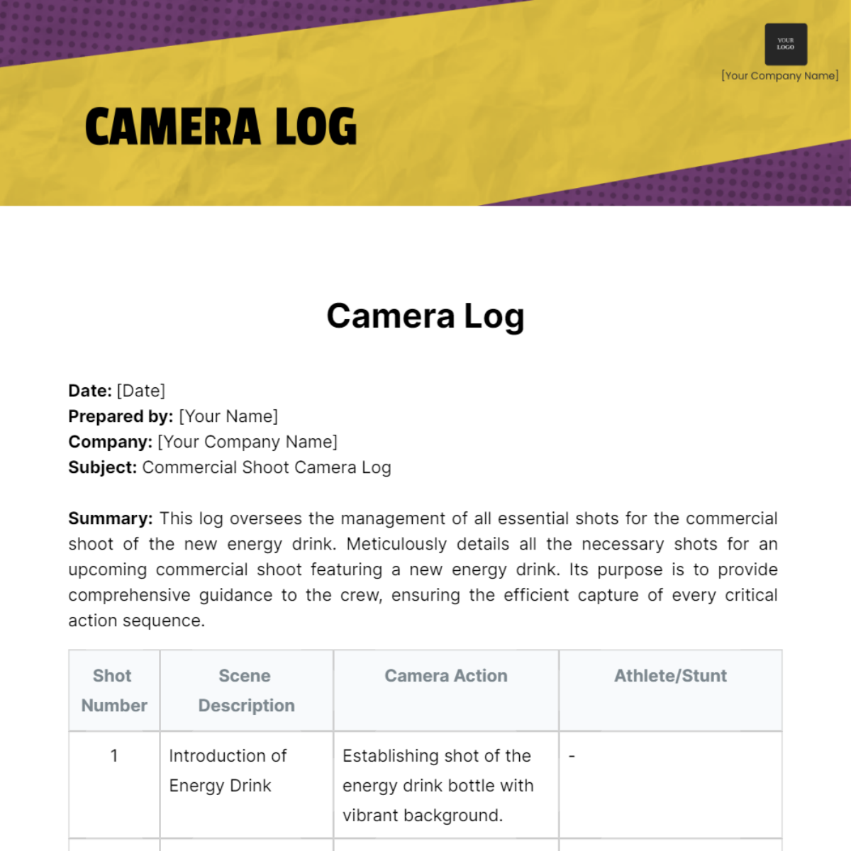 Camera Log Template