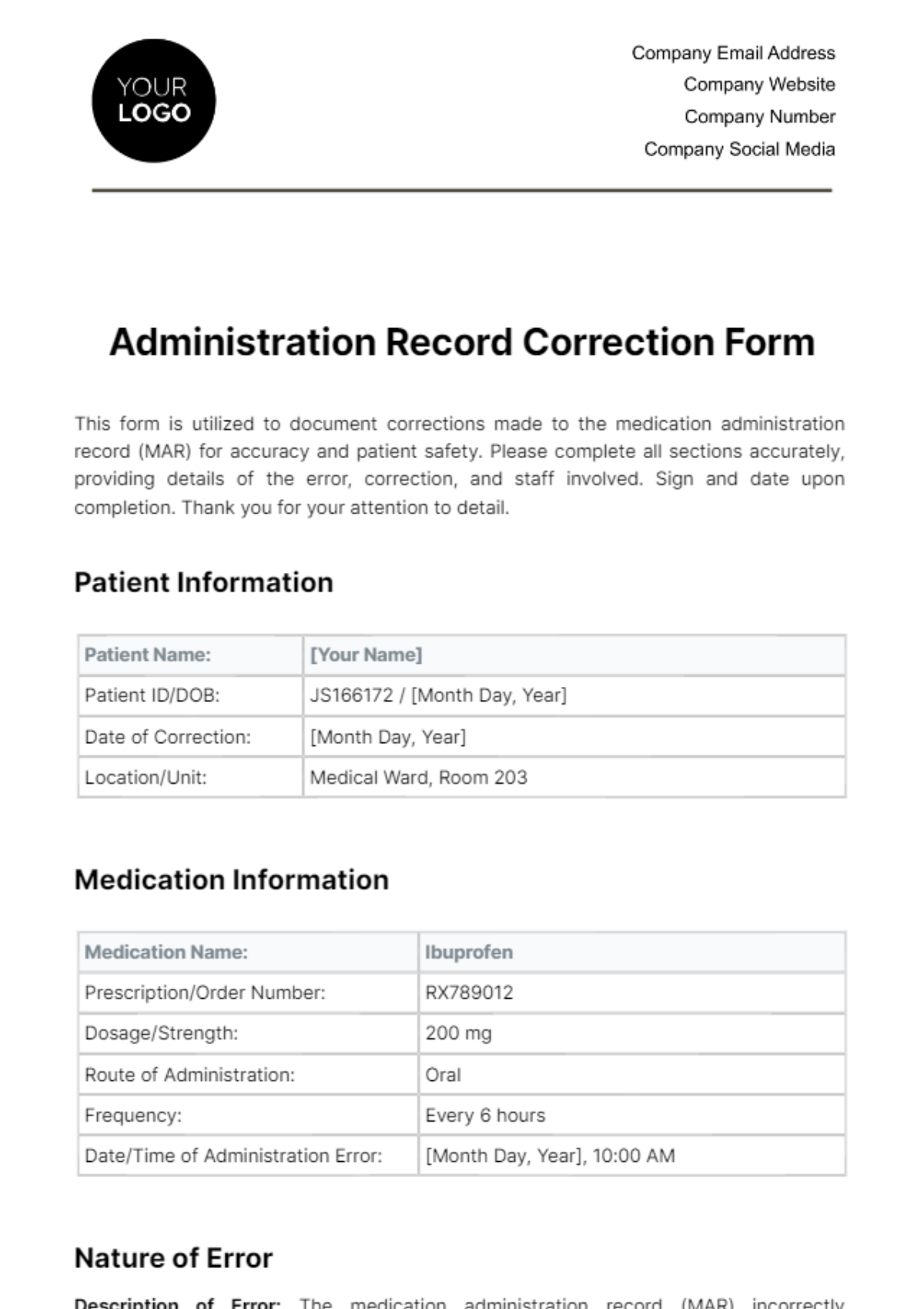 Free Administration Record Correction Form Template