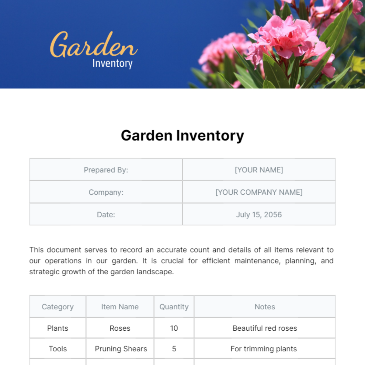 Garden Inventory Template
