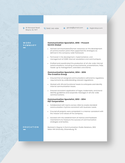 Communication Specialist Resume Template