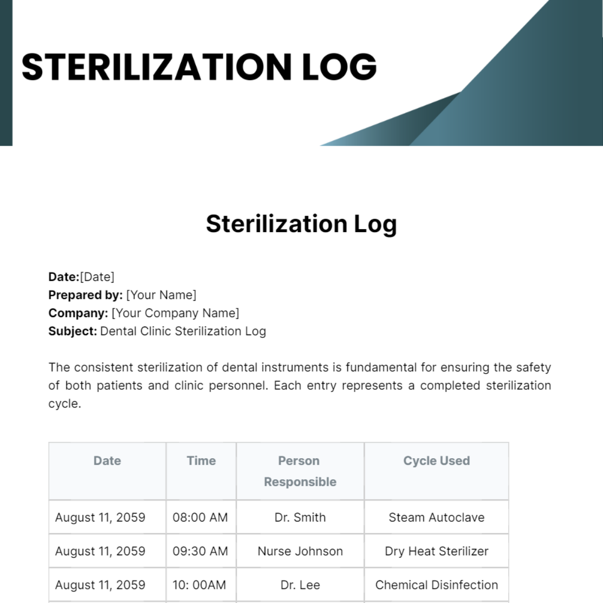 Sterilization Log Template