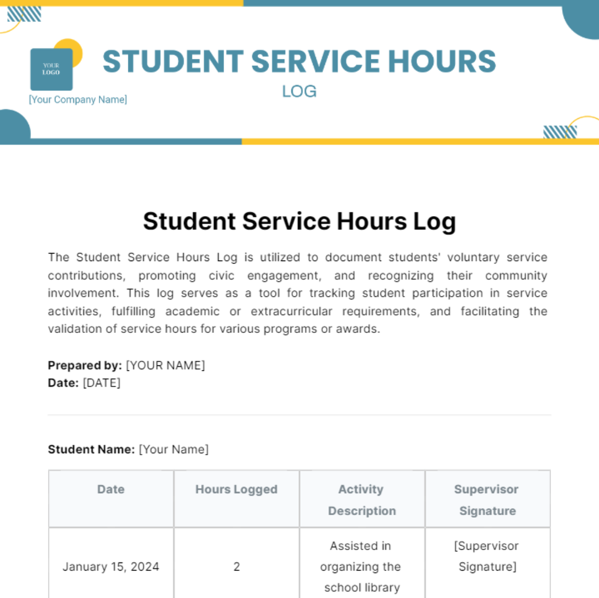 Student Service Hours Log Template