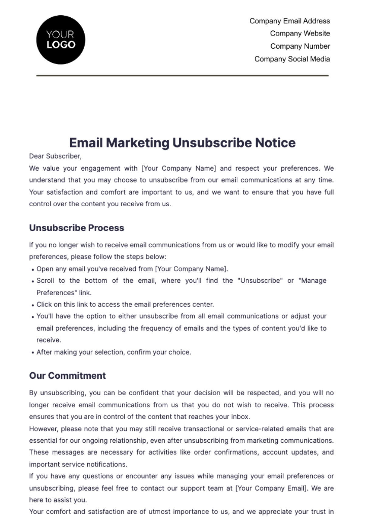 Email Marketing Unsubscribe Notice Template