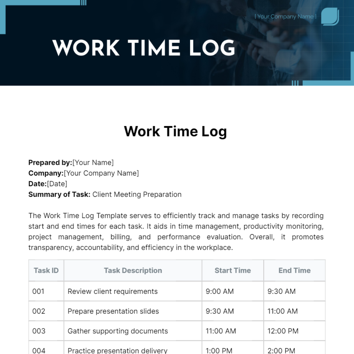 Work Time Log Template