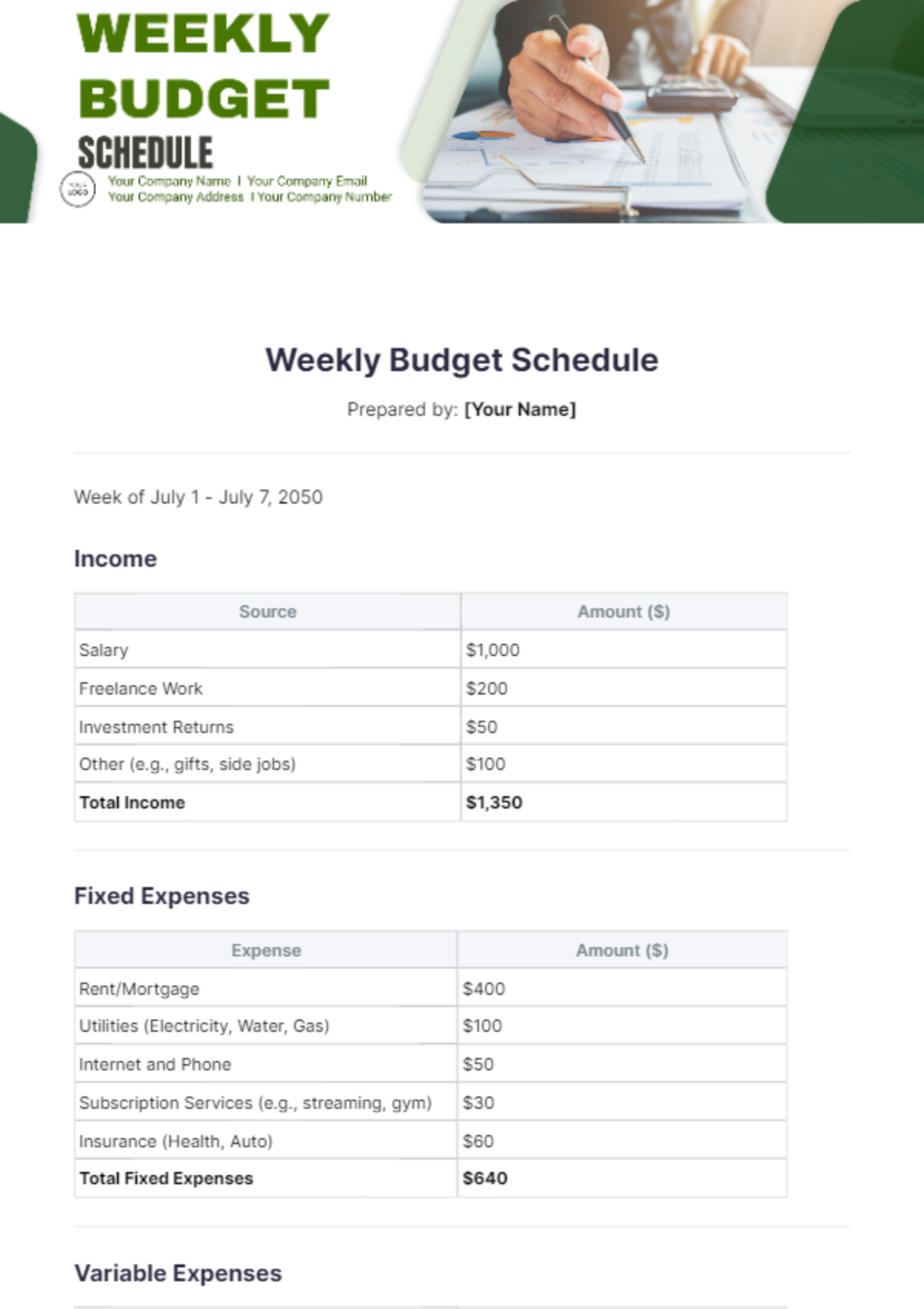 Weekly Budget Schedule Template - Edit Online & Download