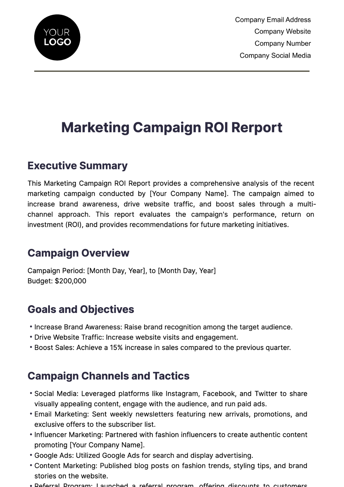 Marketing Campaign ROI Report Template - Edit Online & Download