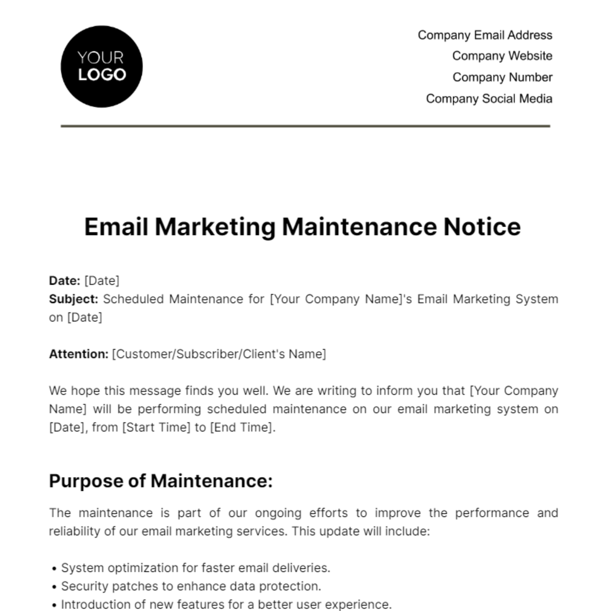 Free Email Marketing Maintenance Notice Template