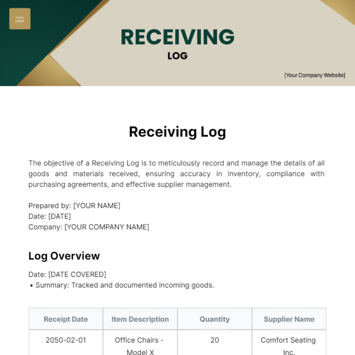 Receiving Log Template