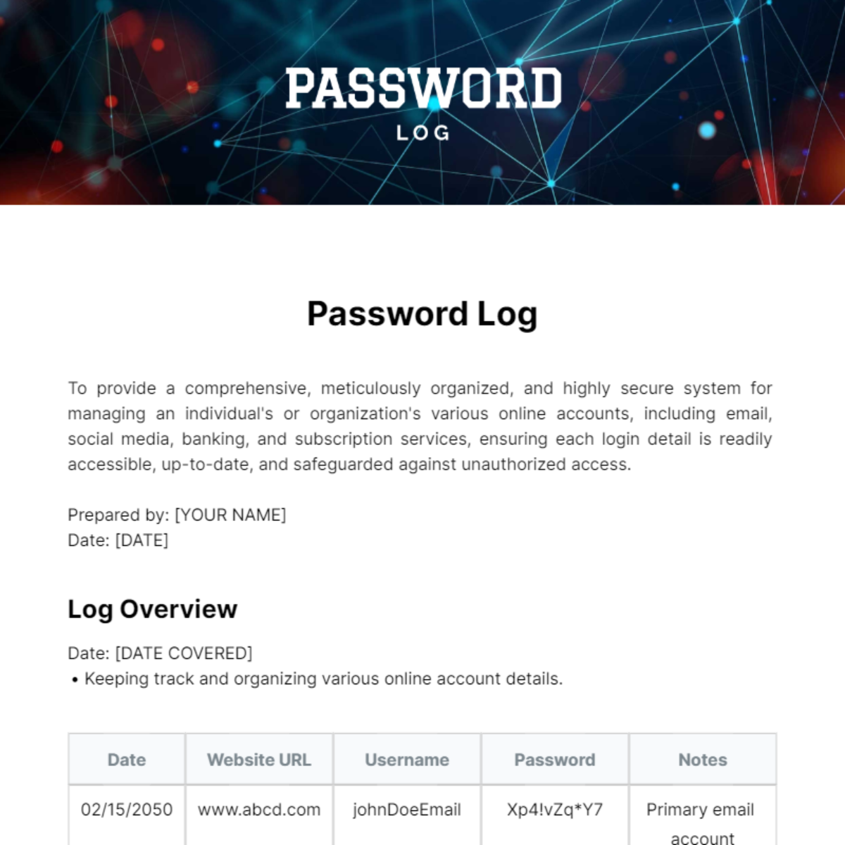 Password Log Template