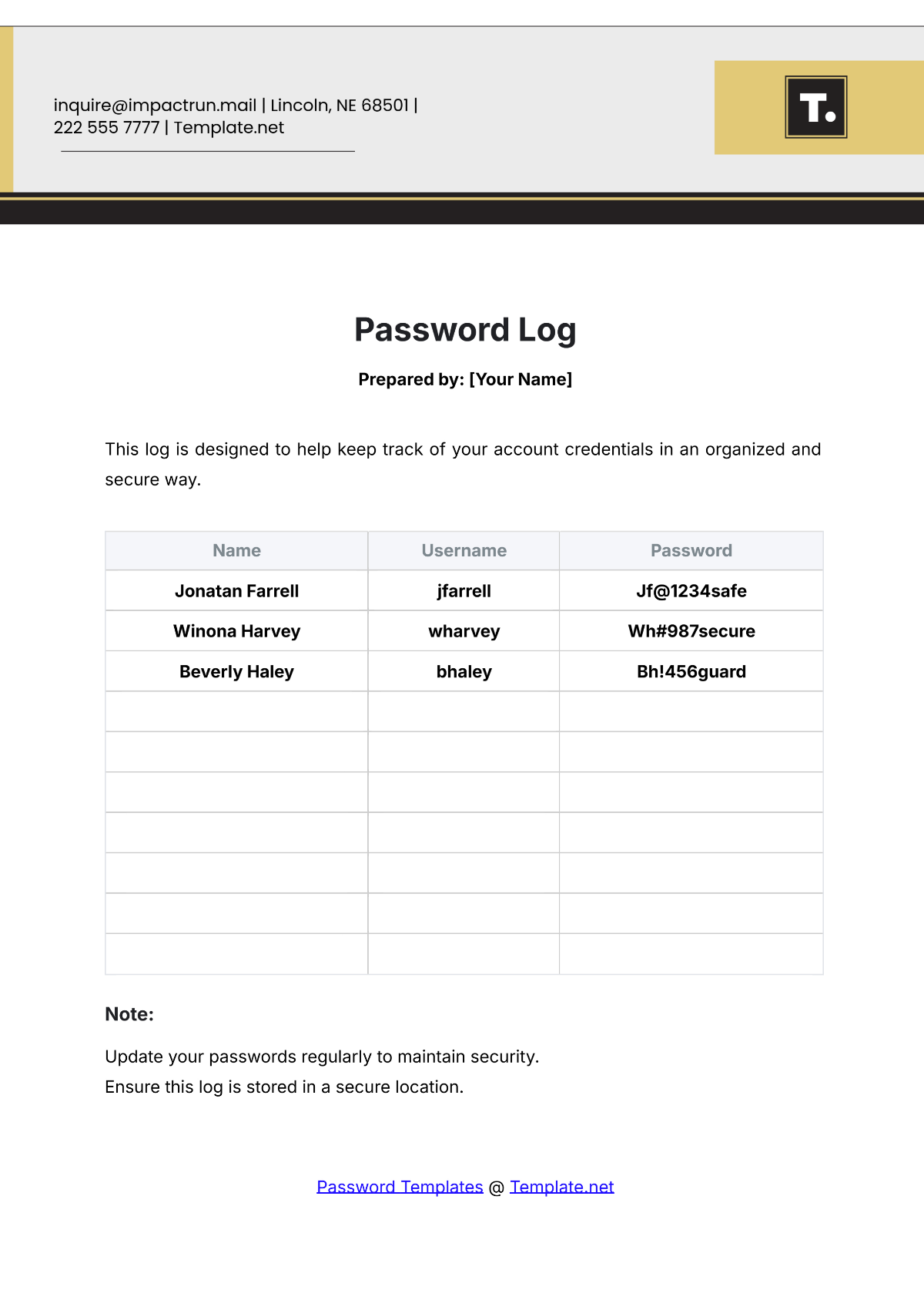 Password Log Template