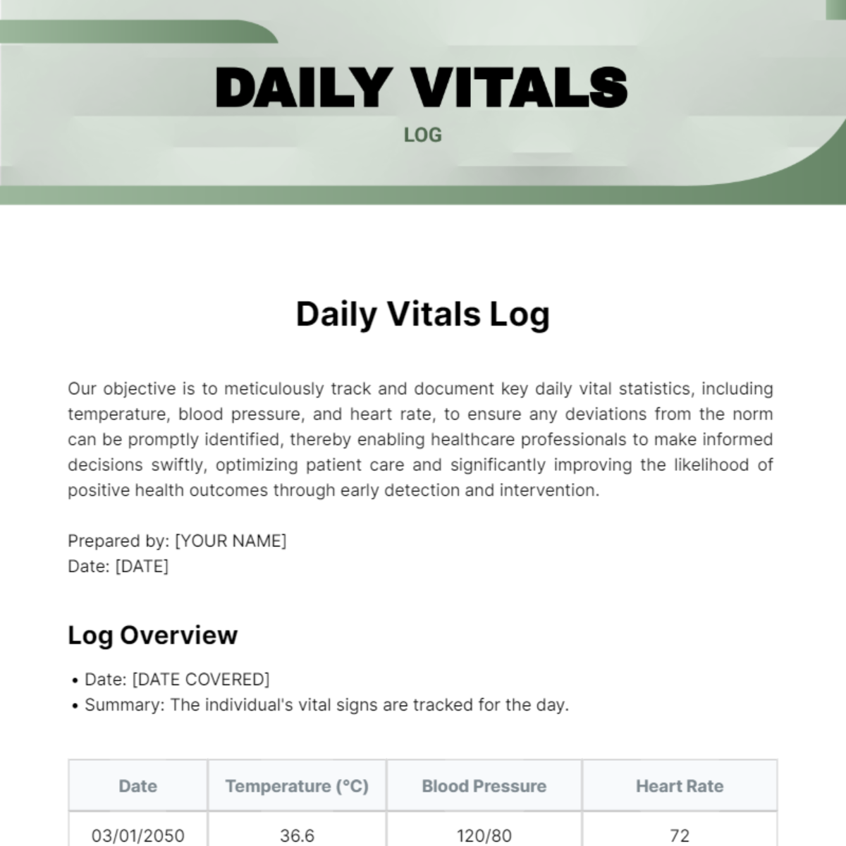 Daily Vitals Log Template