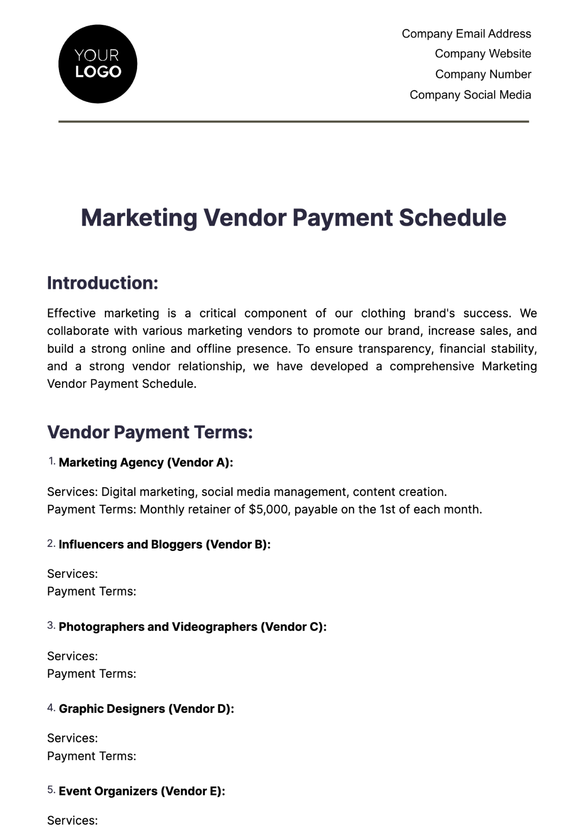 Free Marketing Vendor Payment Schedule Template - Edit Online ...