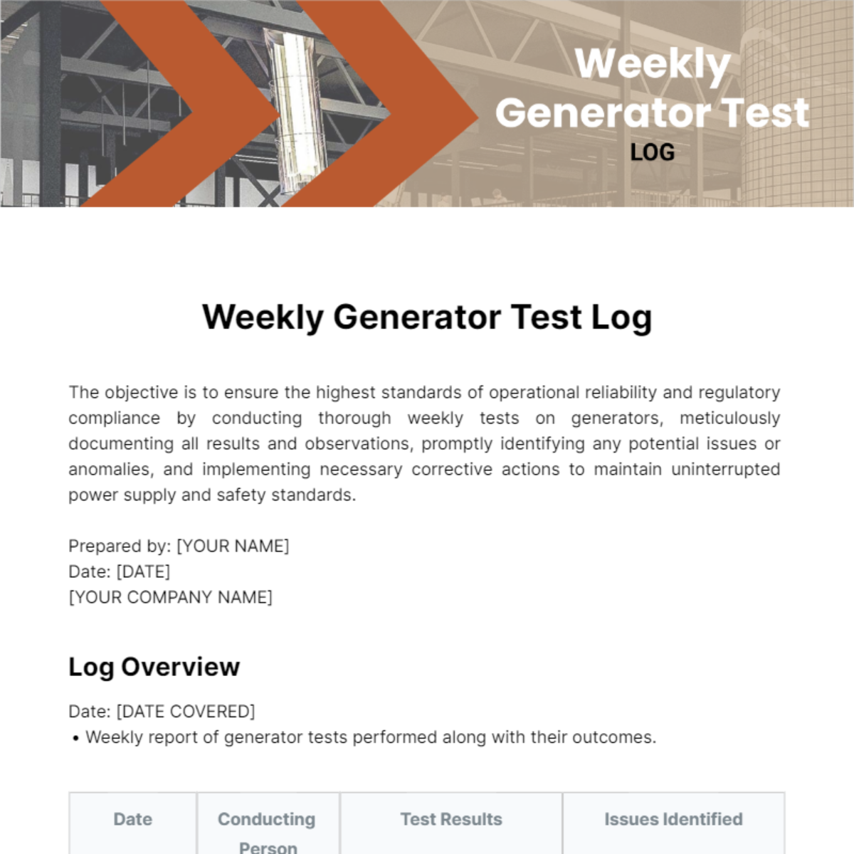 Weekly Generator Test Log Template