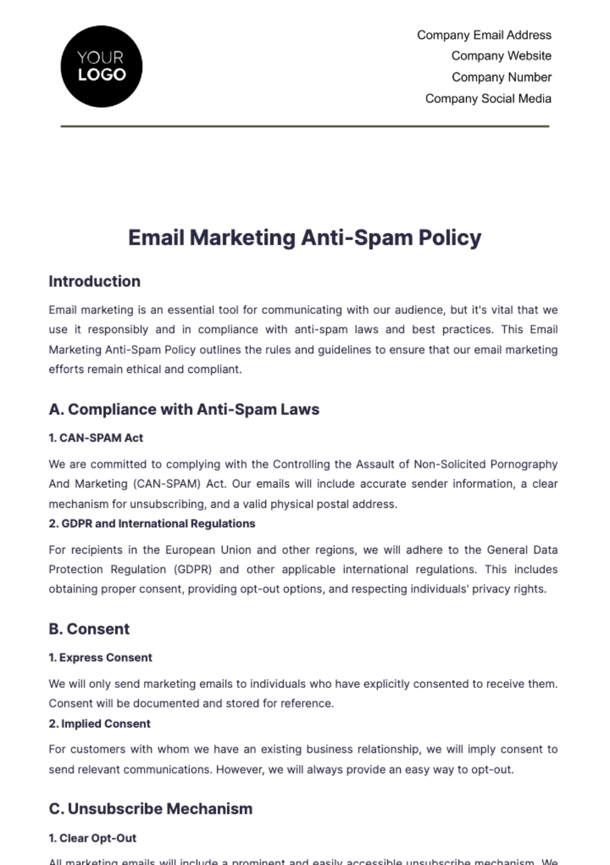 Email Marketing Anti-Spam Policy Template