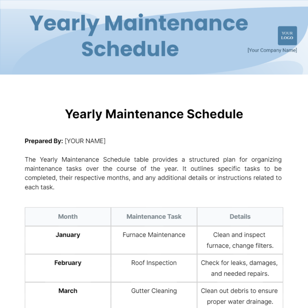 Yearly Maintenance Schedule Template