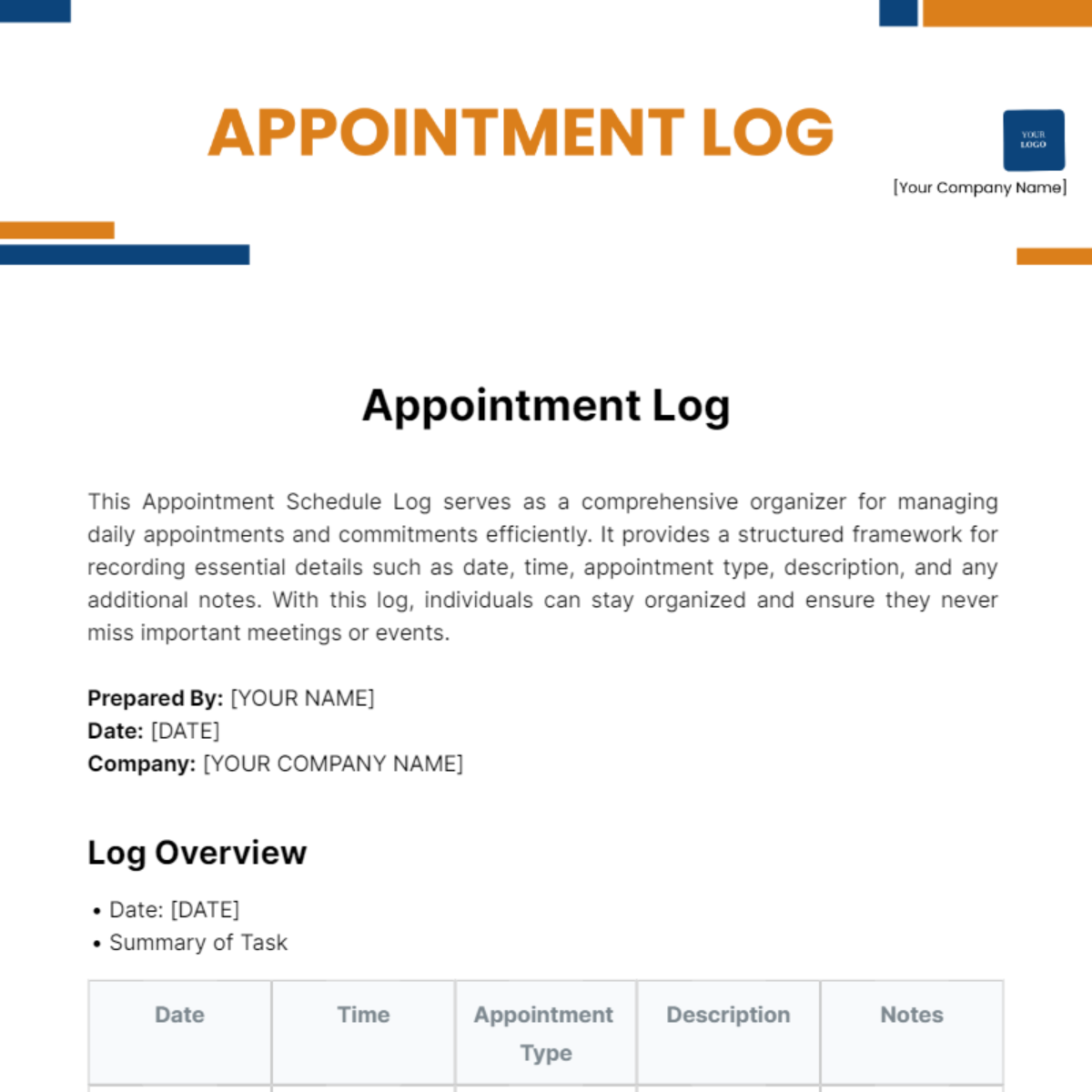 Appointment Log Template