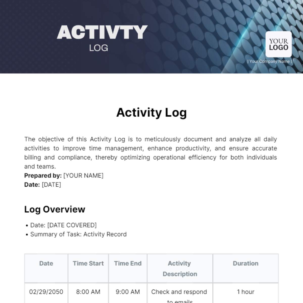 Free Activity Log Template