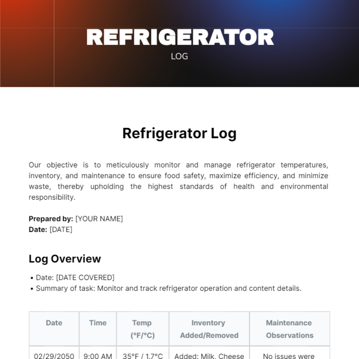 Refrigerator Log Template