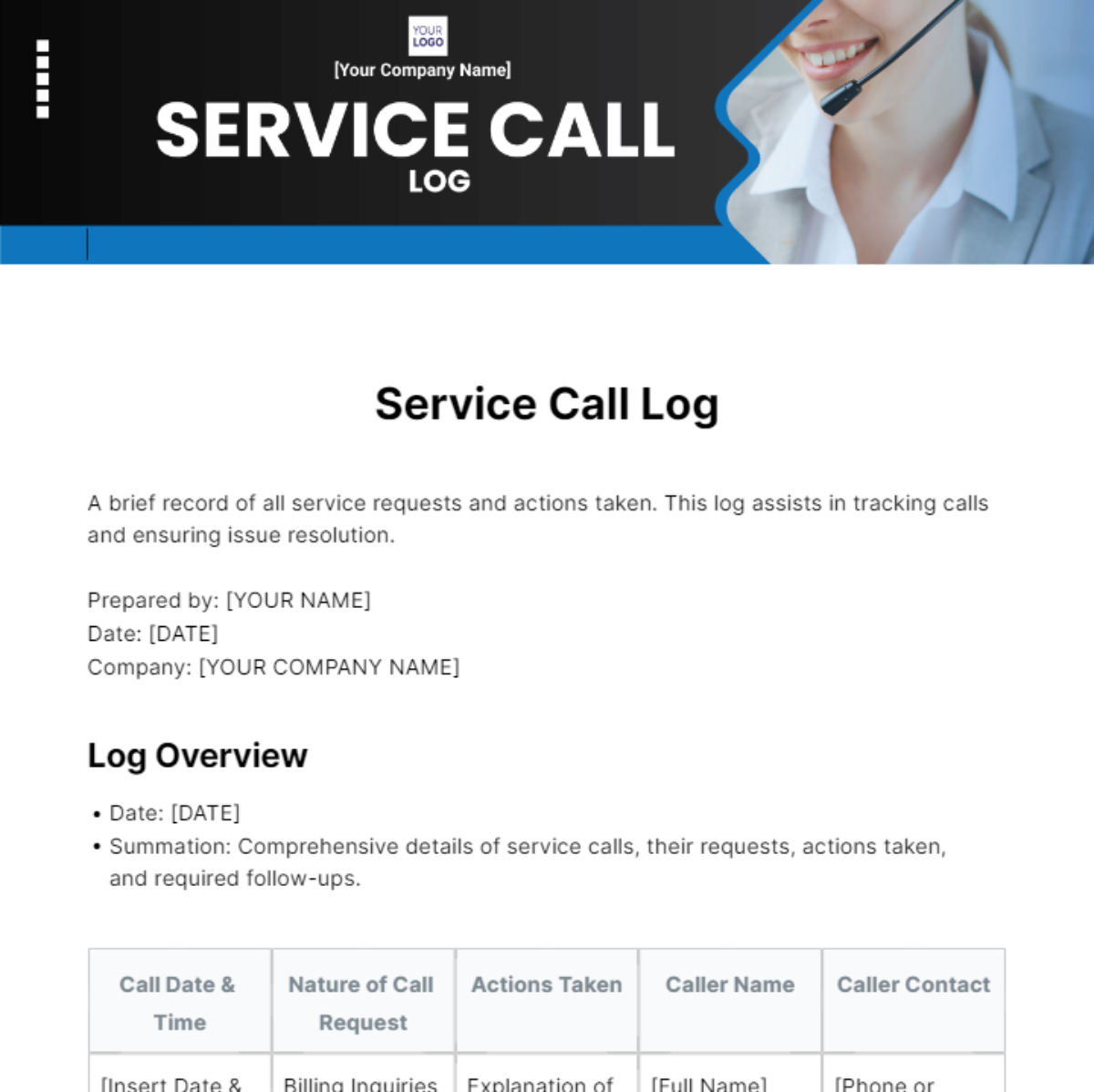 Service Call Log Template - Edit Online & Download