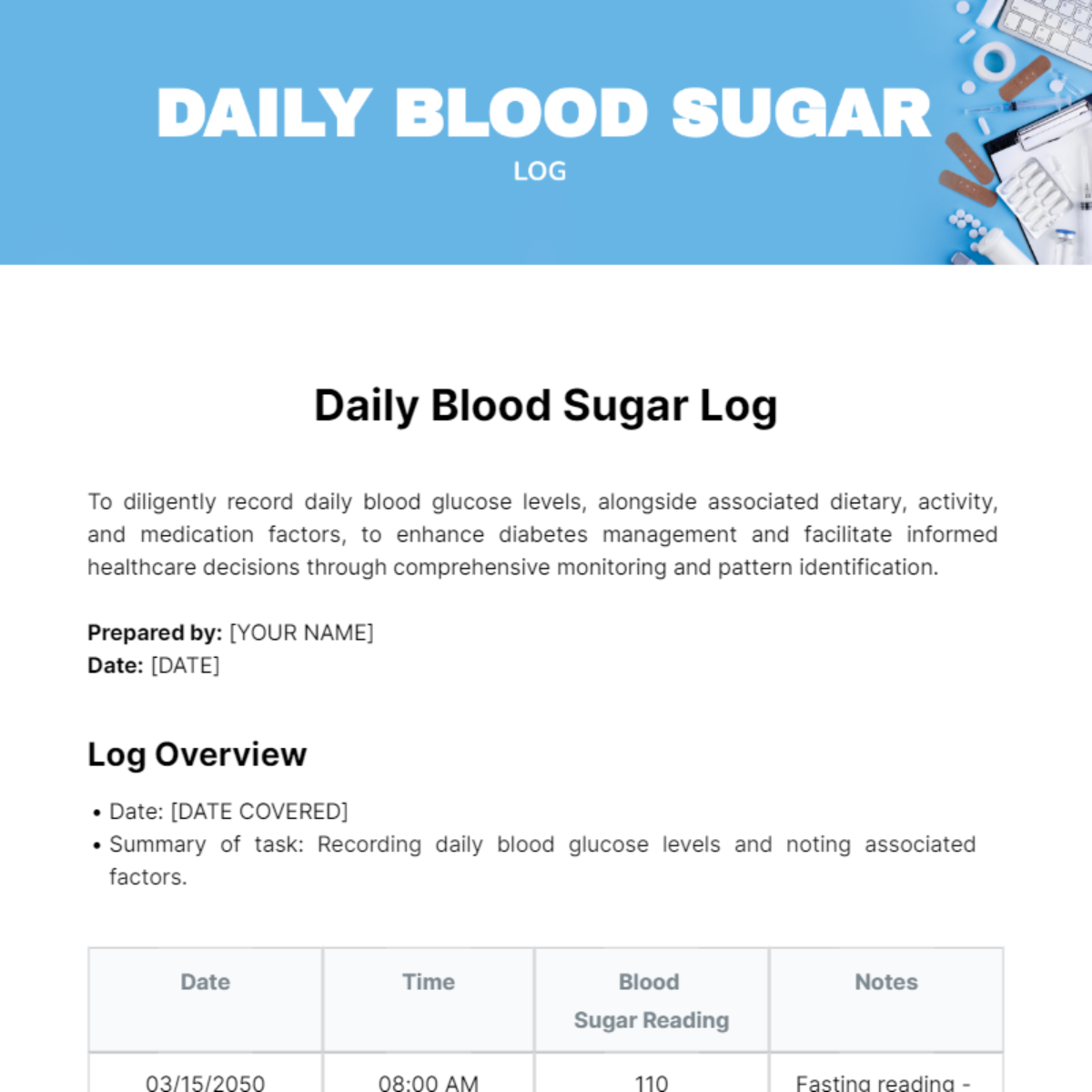Daily Blood Sugar Log Template