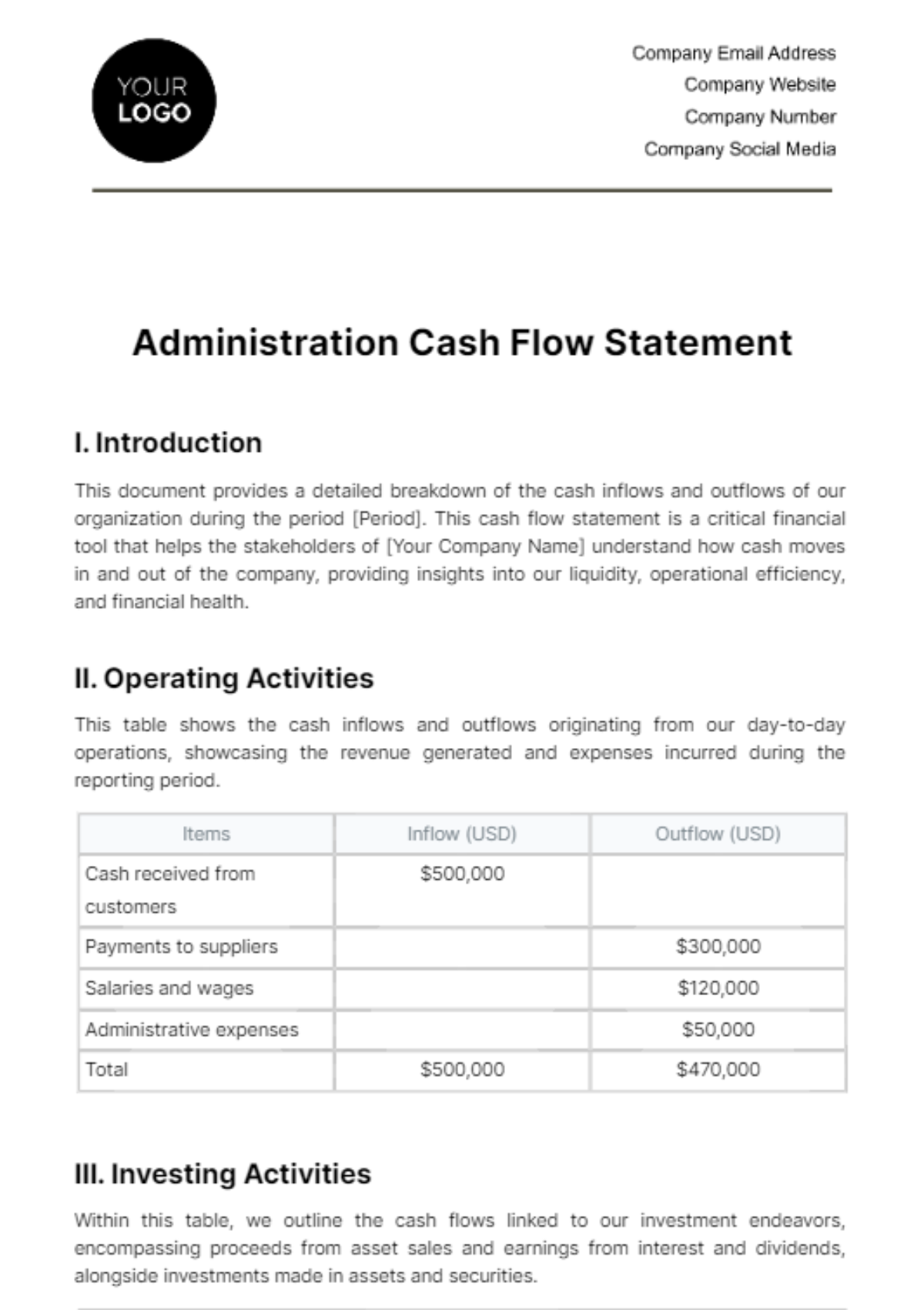 Administration Cash Flow Statement Template
