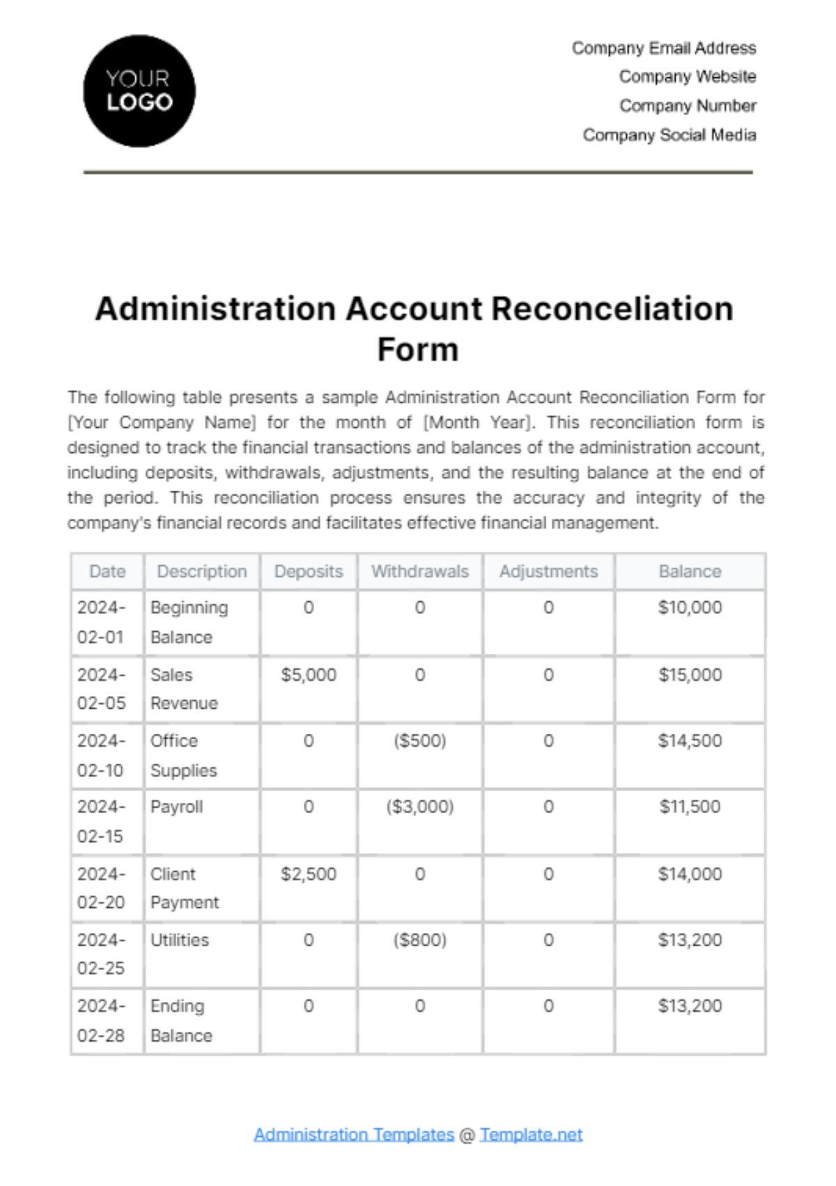 Administration Account Reconciliation Form Template