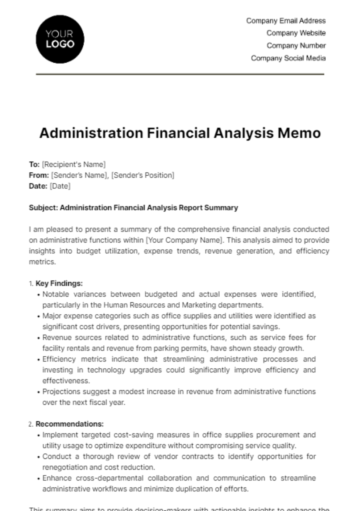 Free Administration Financial Analysis Memo Template