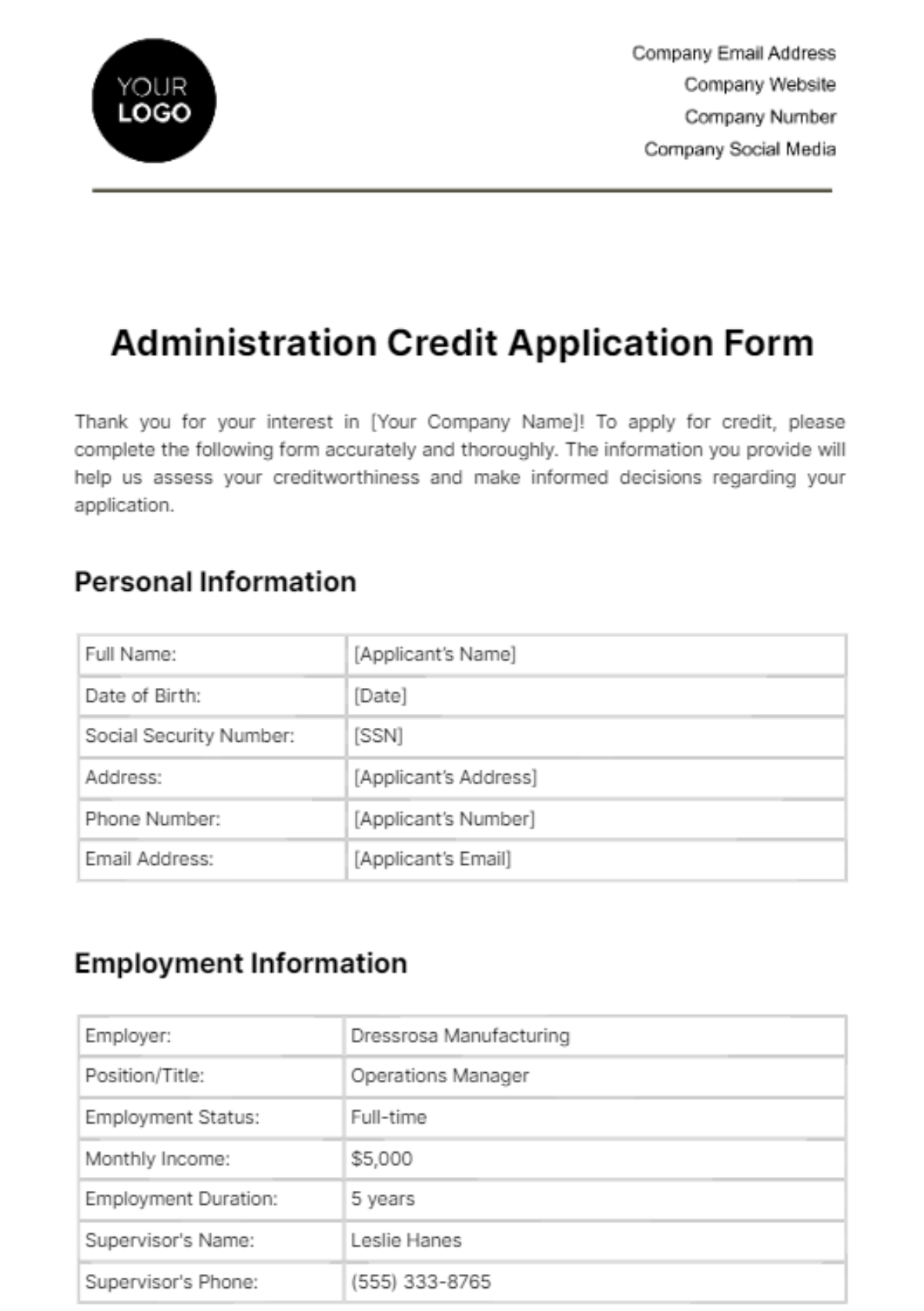 Free Administration Credit Application Form Template