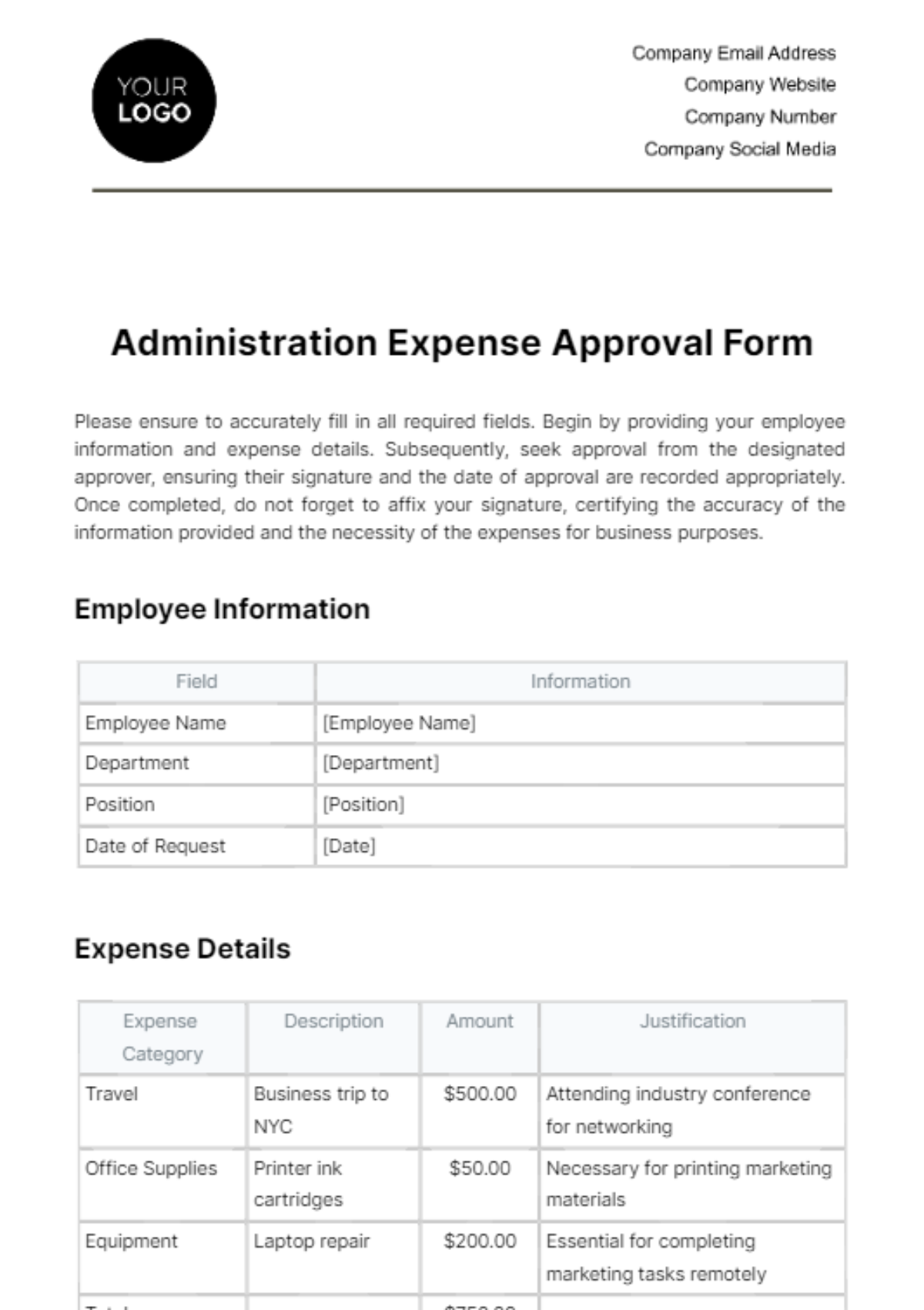 Free Administration Expense Approval Form Template