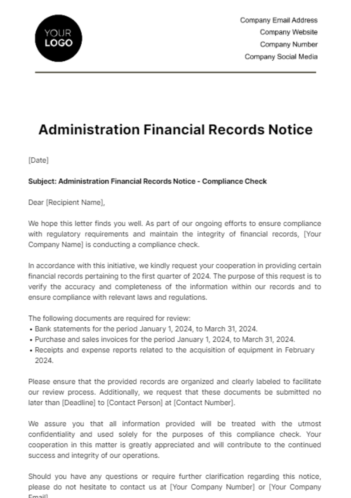 Free Administration Financial Records Notice Template