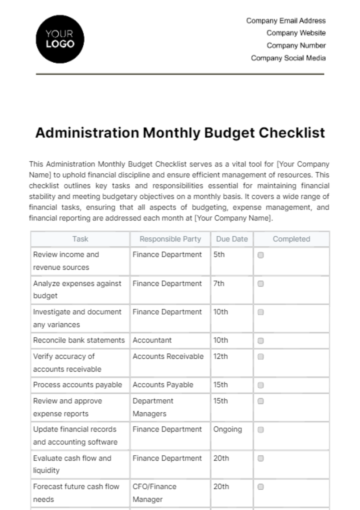 Free Administration Monthly Budget Checklist Template