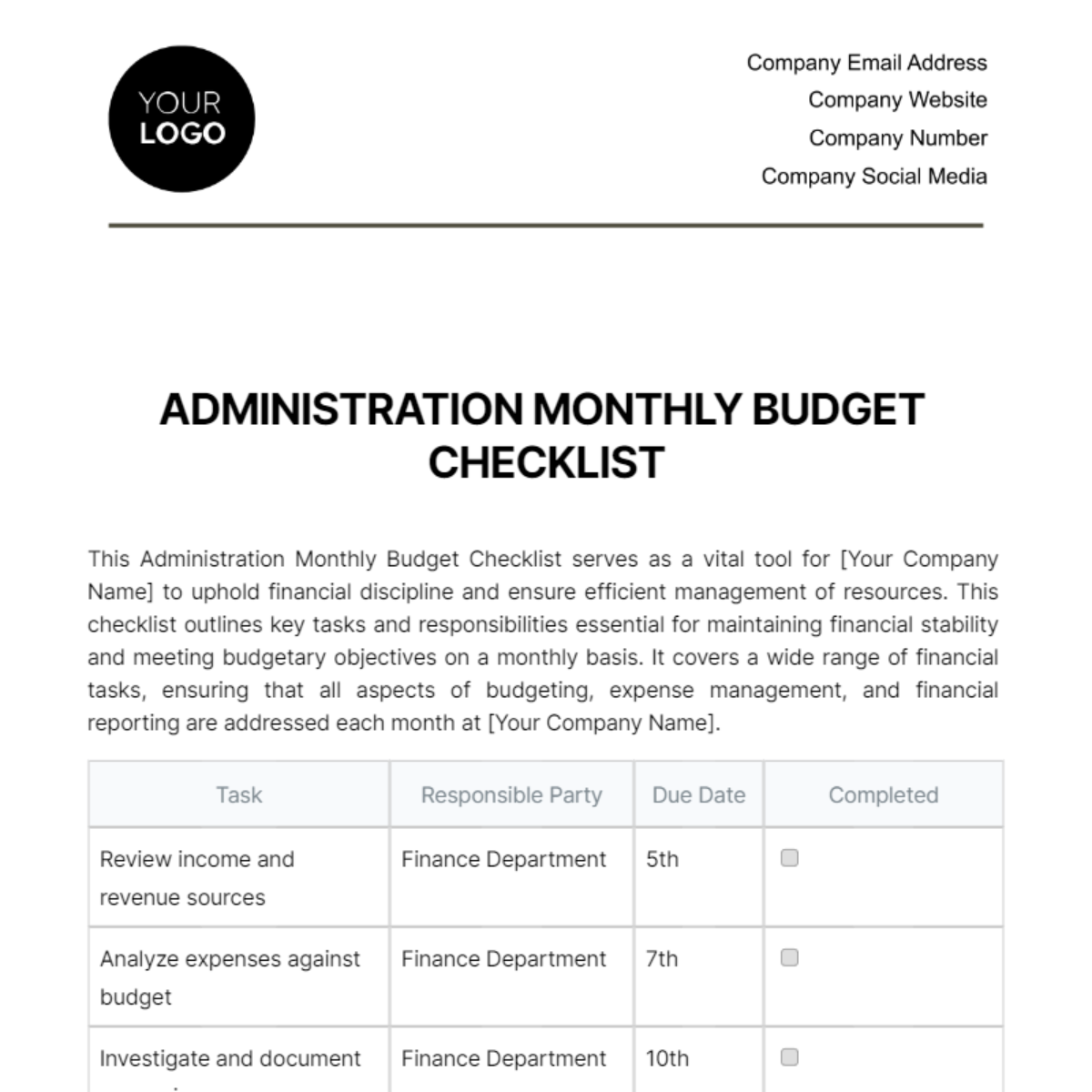 Monthly Budget Summary Template