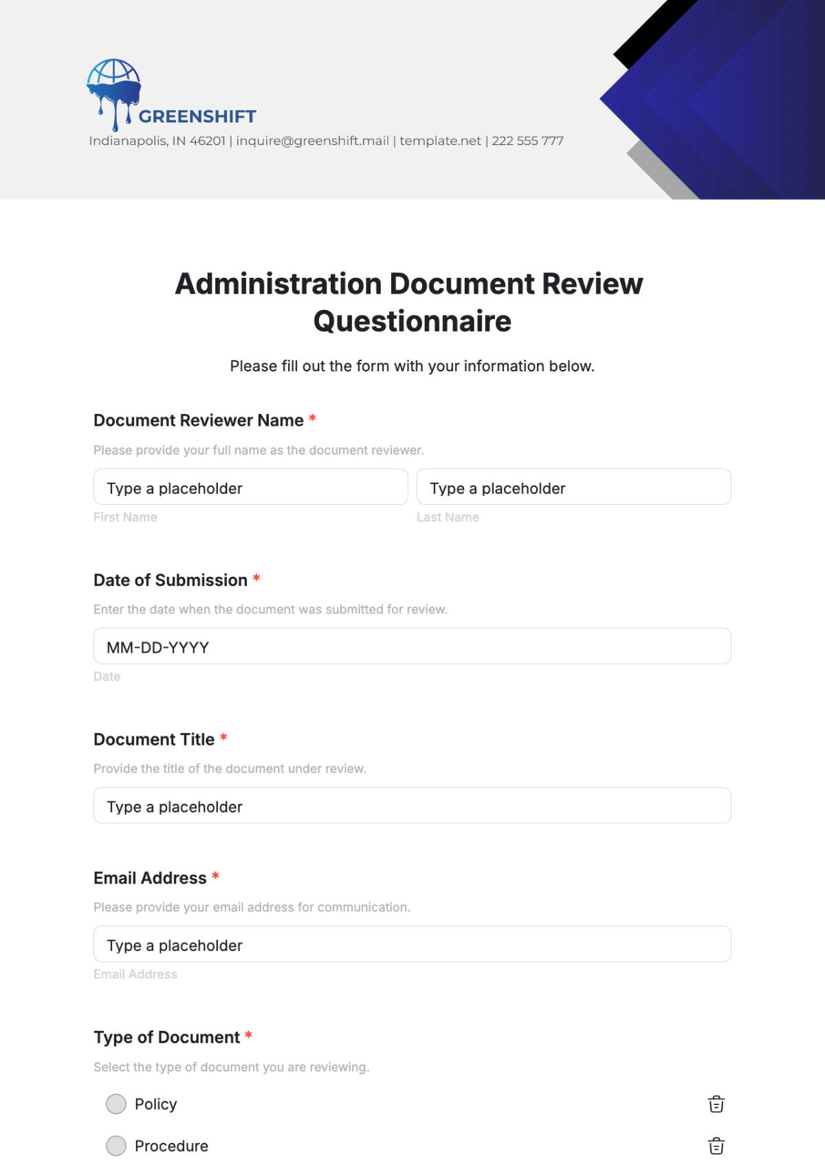 Free Administration Document Review Questionnaire Template to Edit Online