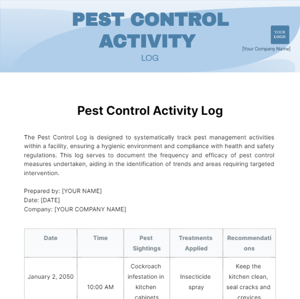 Pest Control Log Template