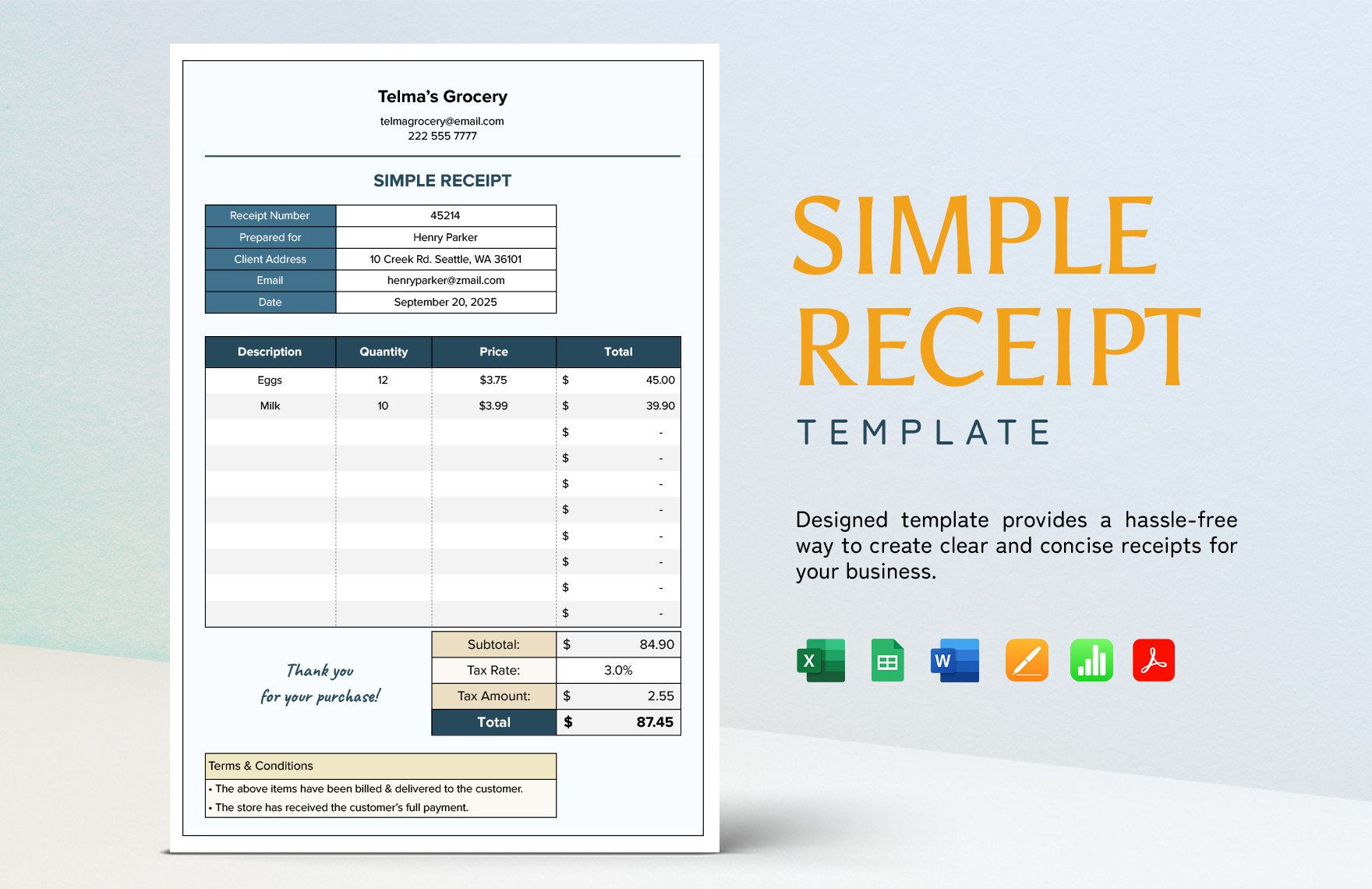 Simple Receipt Template in Word, Excel, PDF, Google Sheets, Apple Pages, Apple Numbers