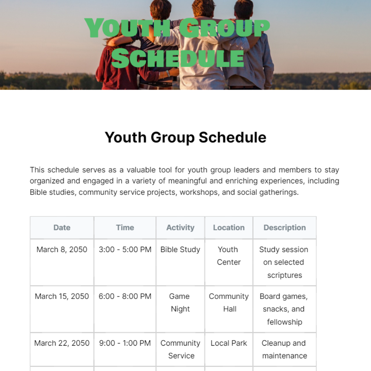 Free Youth Group Schedule Template To Edit Online