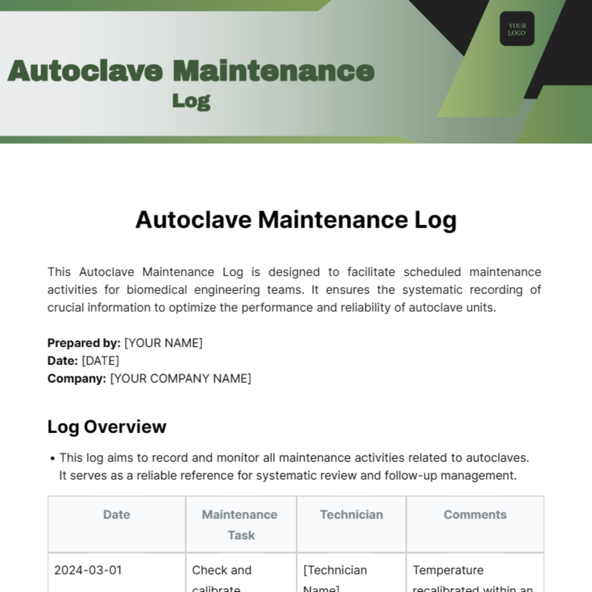 Autoclave Maintenance Log Template