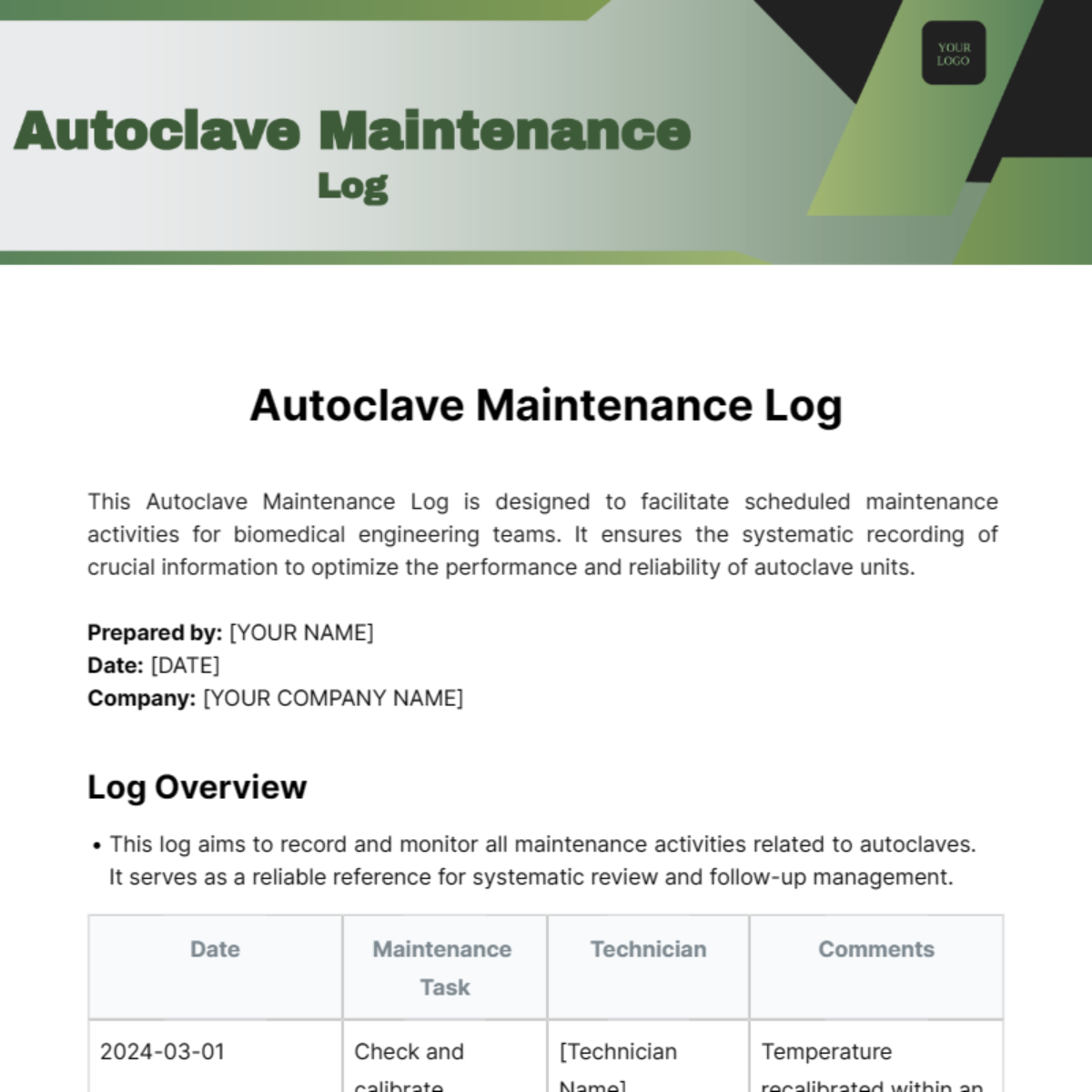 Autoclave Maintenance Log Template - Edit Online & Download