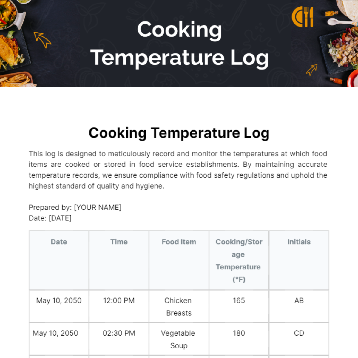 Cooking Temperature Log Template