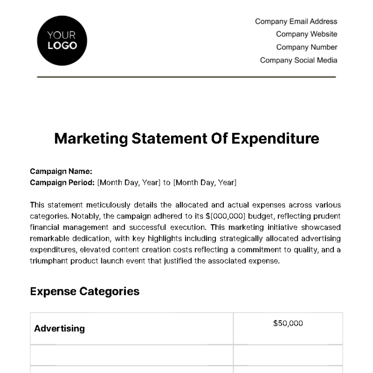Free Marketing Statement of Expenditure Template