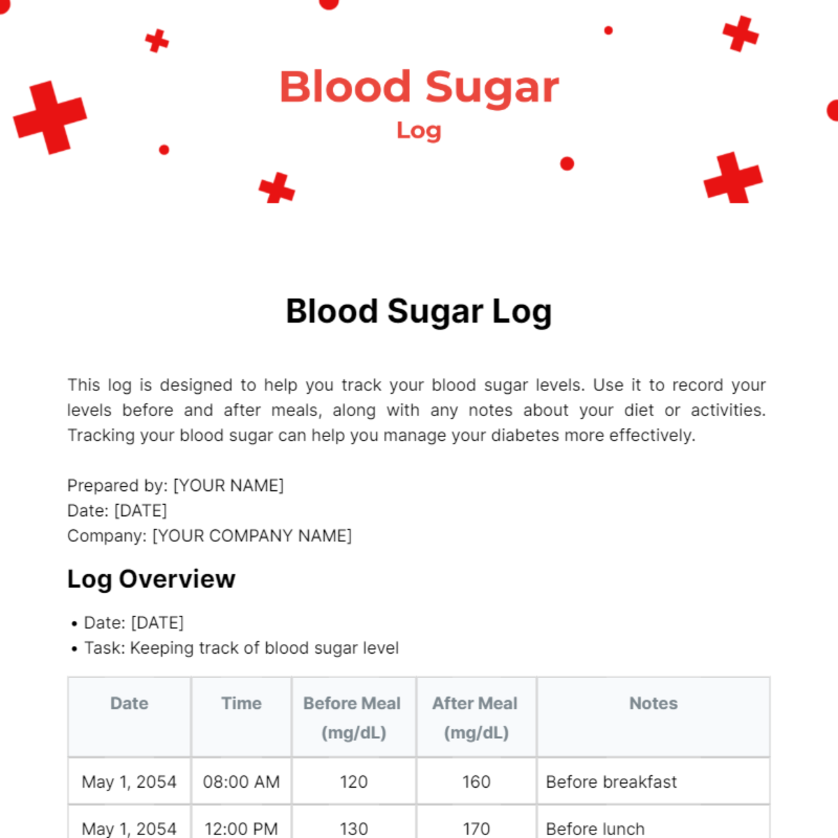 Blood Sugar Log Template