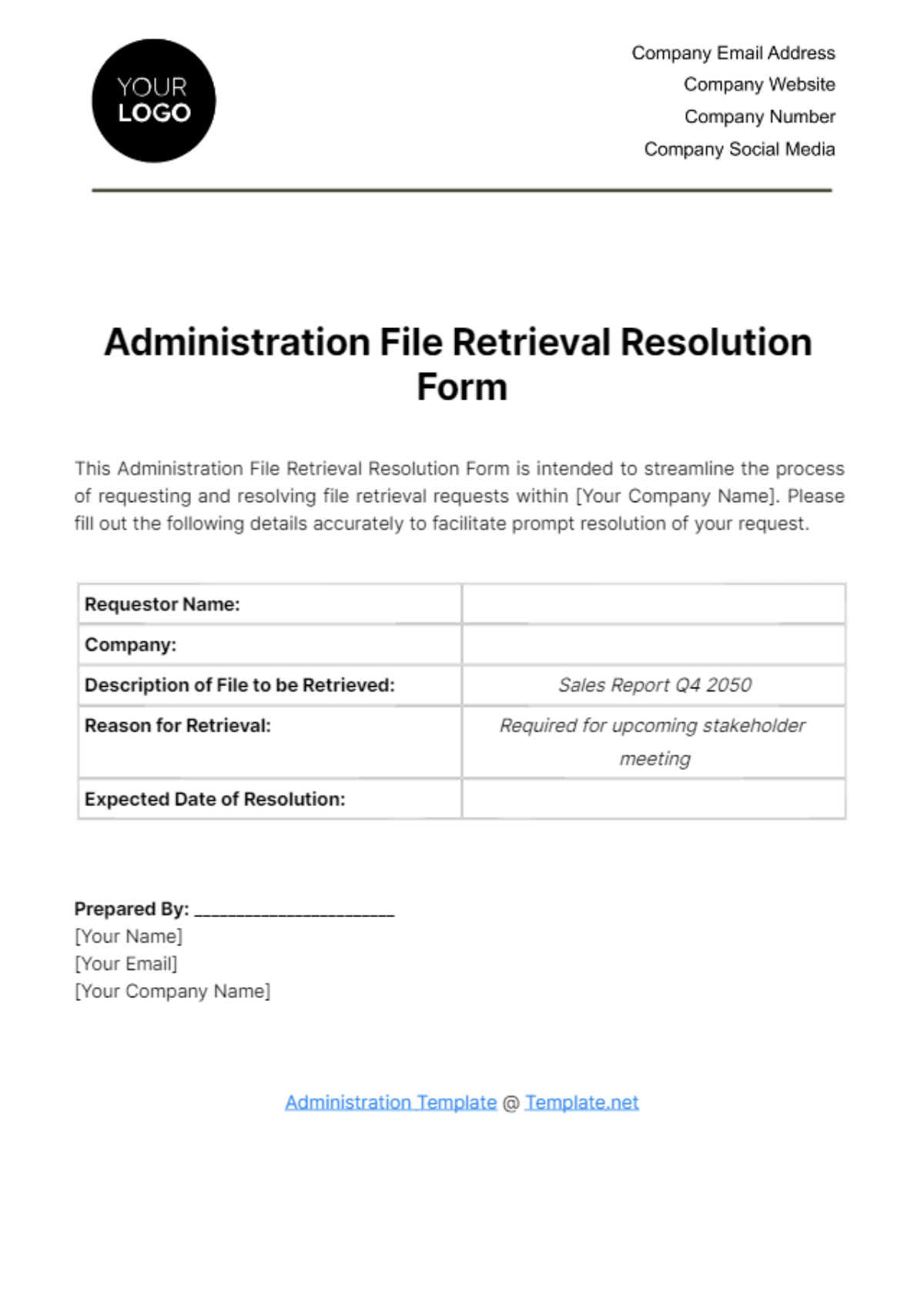 Free Administration File Retrieval Resolution Form Template