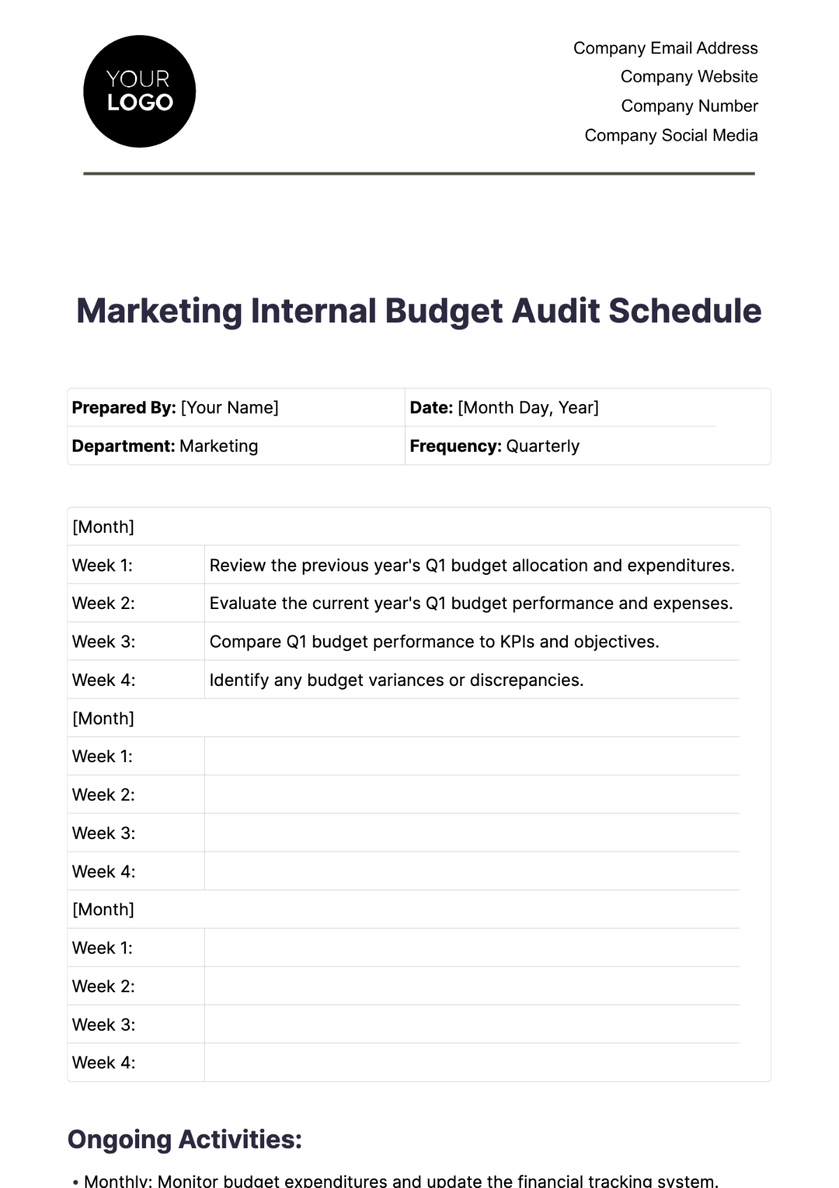 Marketing Internal Budget Audit Schedule Template - Edit Online & Download