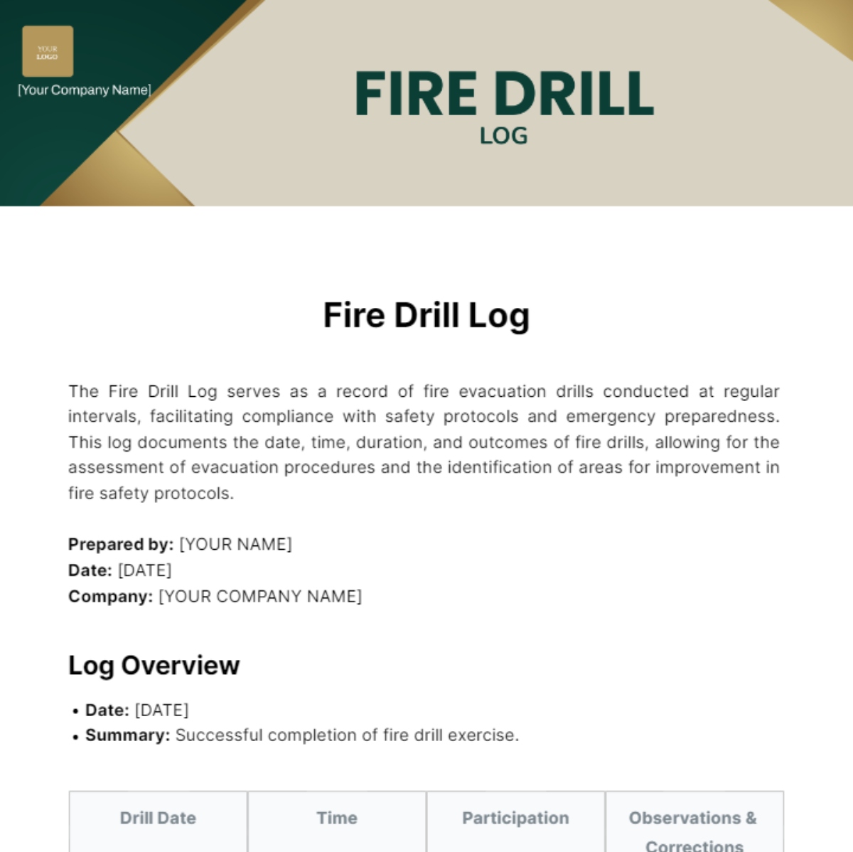 Fire Drill Log Template
