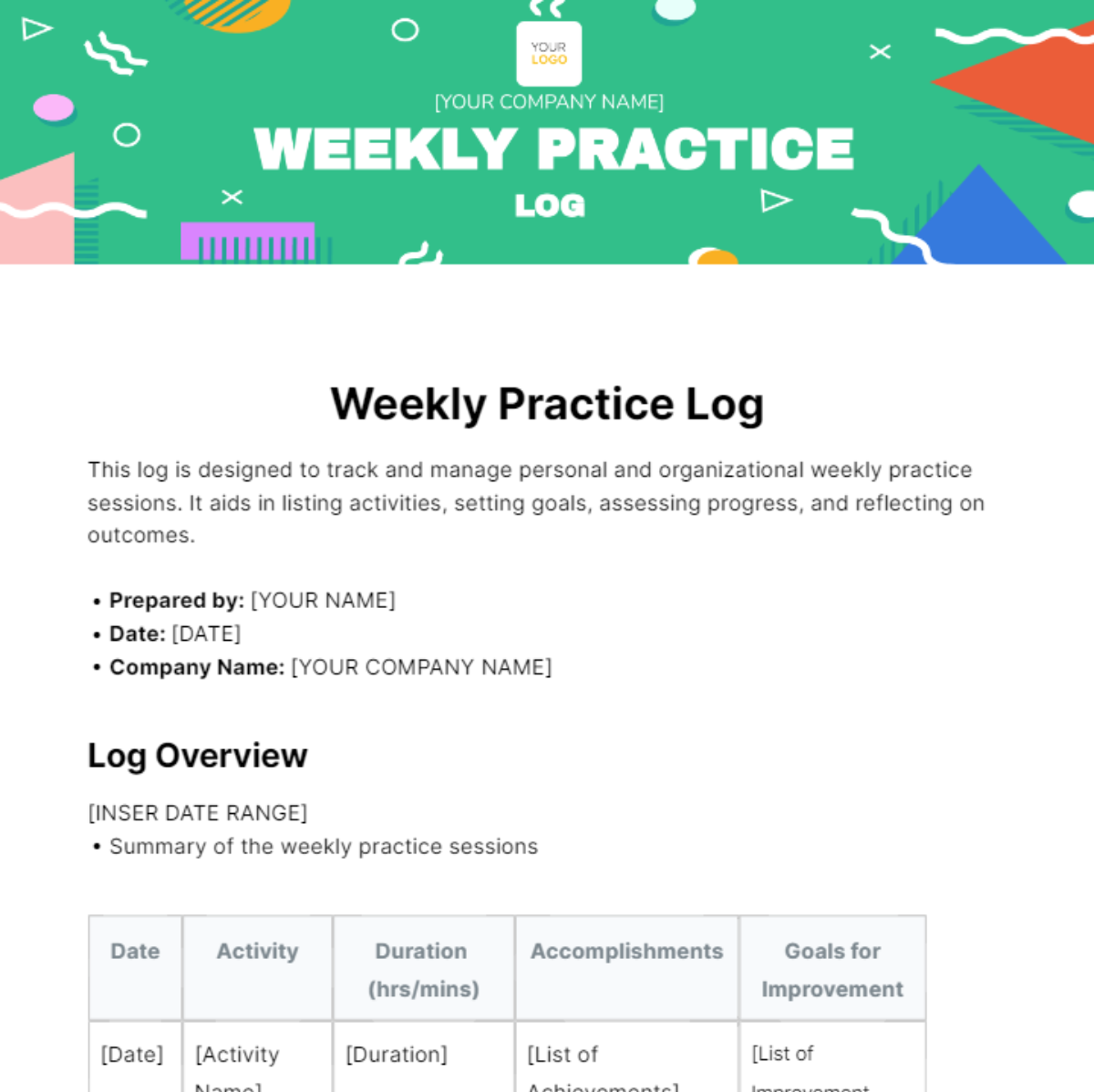 Weekly Practice Log Template