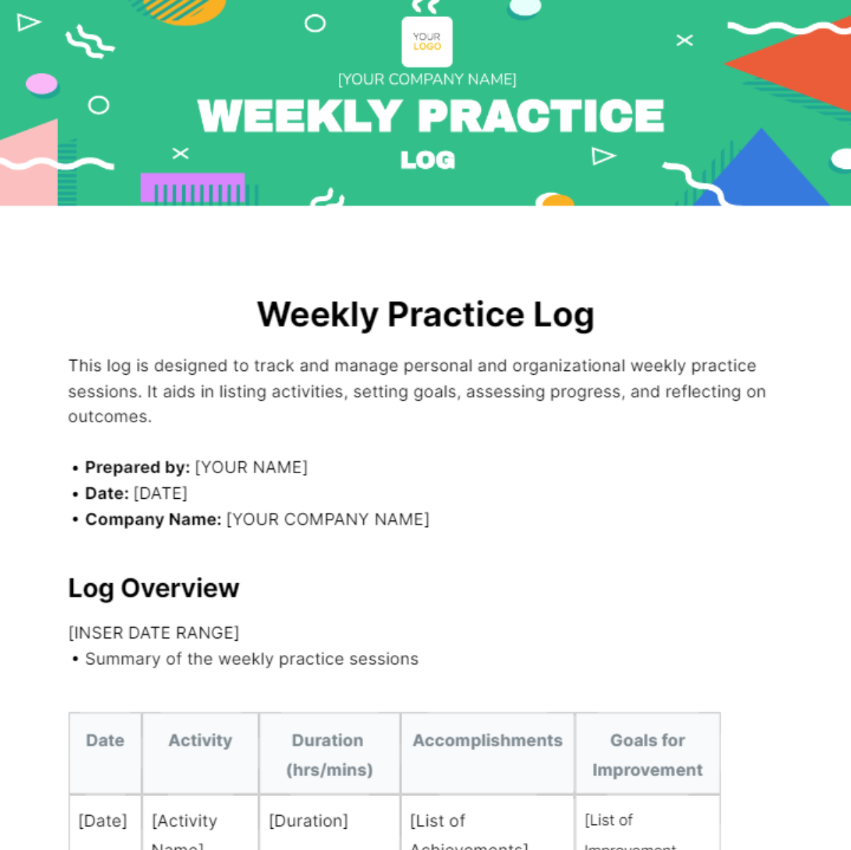 Weekly Practice Log Template - Edit Online & Download