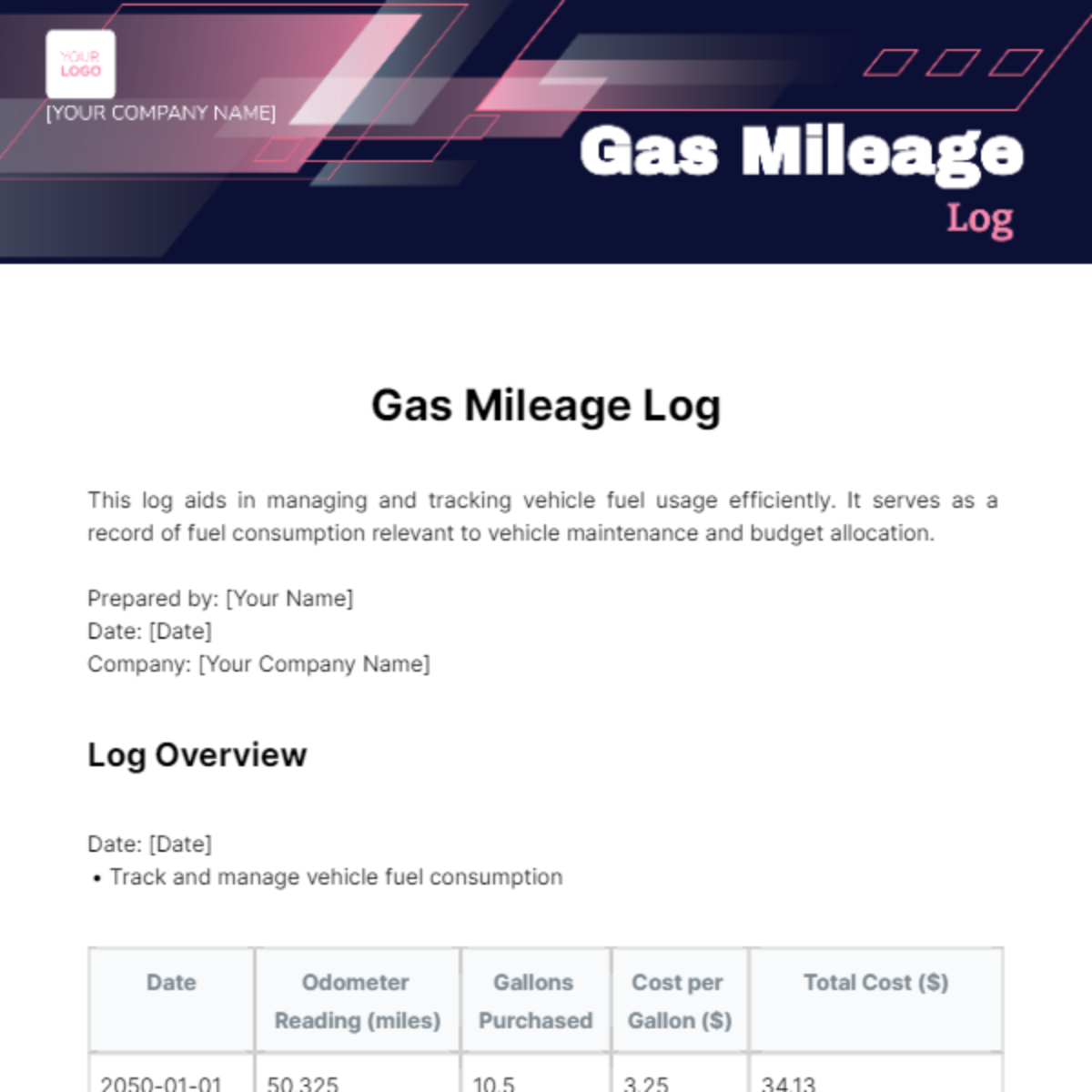 Gas Mileage Log Template