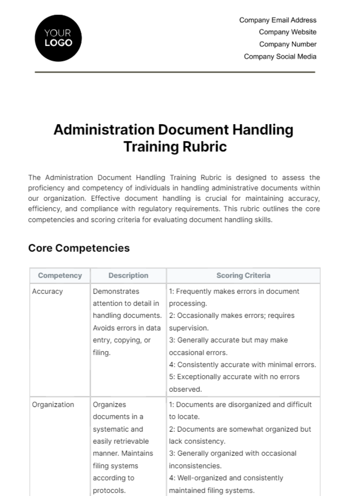 Free Administration Document Handling Training Rubric Template