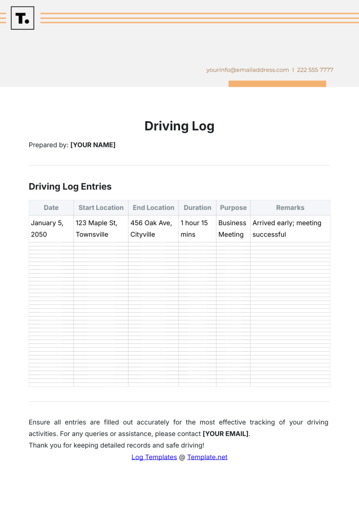 Driving Log Template - Edit Online & Download